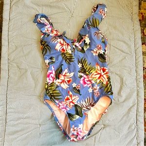 NWT Kona Sol Sz Large One Piece Swimsuit Periwinkle Blue Floral Ruffle Neckline